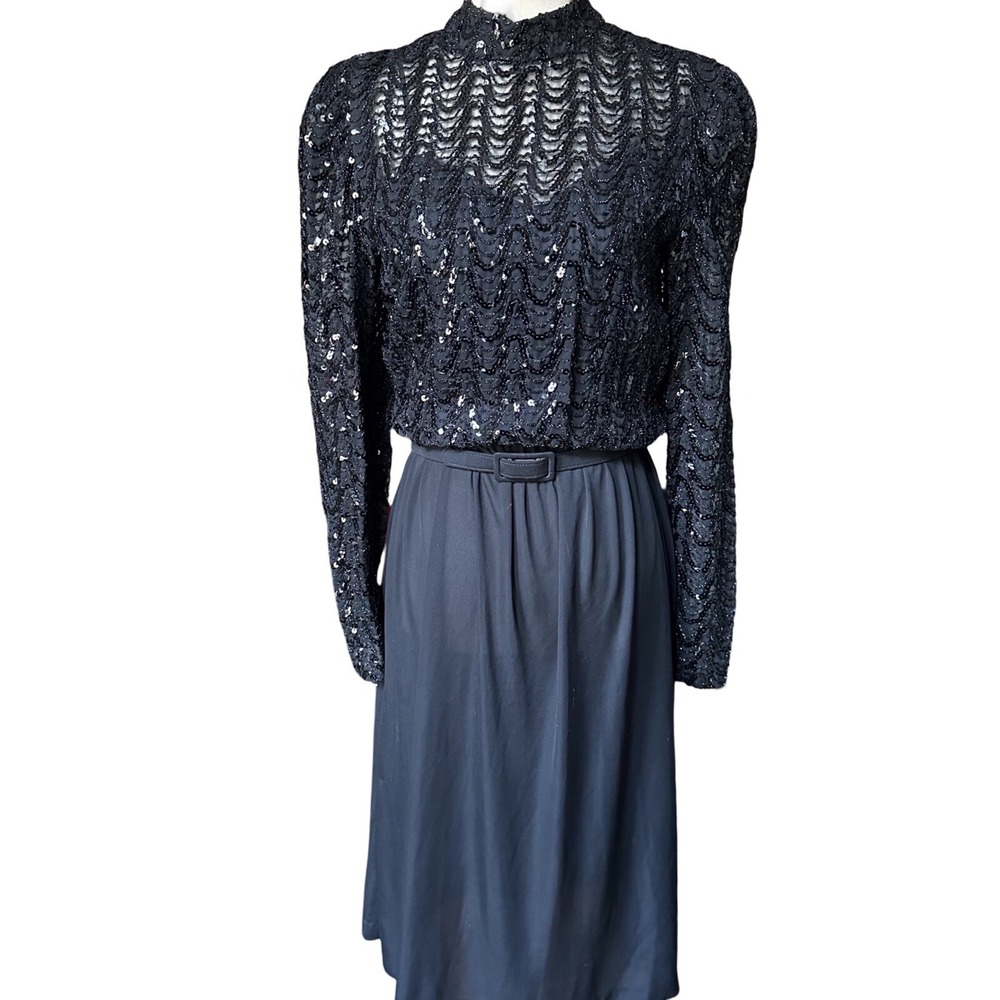 Vtg 80s Sequins Sheer Belted Dress Sz 10 Black Goth Wednesday Addams Camisole